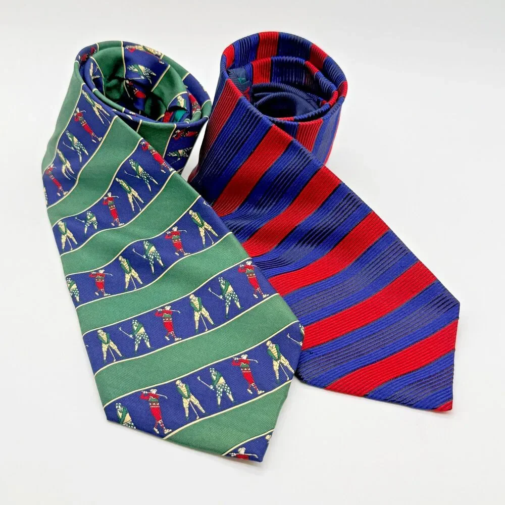2 Tommy Hilfiger Blue Red Striped, Green Golf Print Silk Neck Men's Accessory